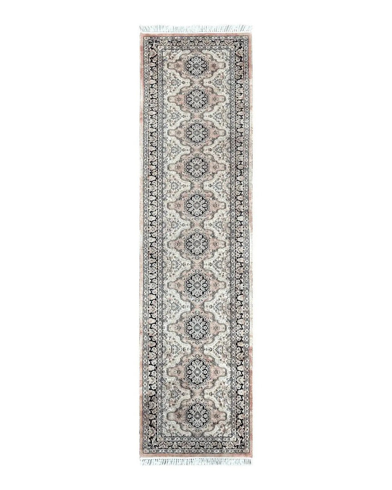 Silk Kashmiri Runner 2.7 x 10 ft Vintage Rug, Ivory Pastel Pink, Hand-Knotted Vintage Runner, Hallway Carpet, Indian Rug Medallion Runner by Jewel Rugs