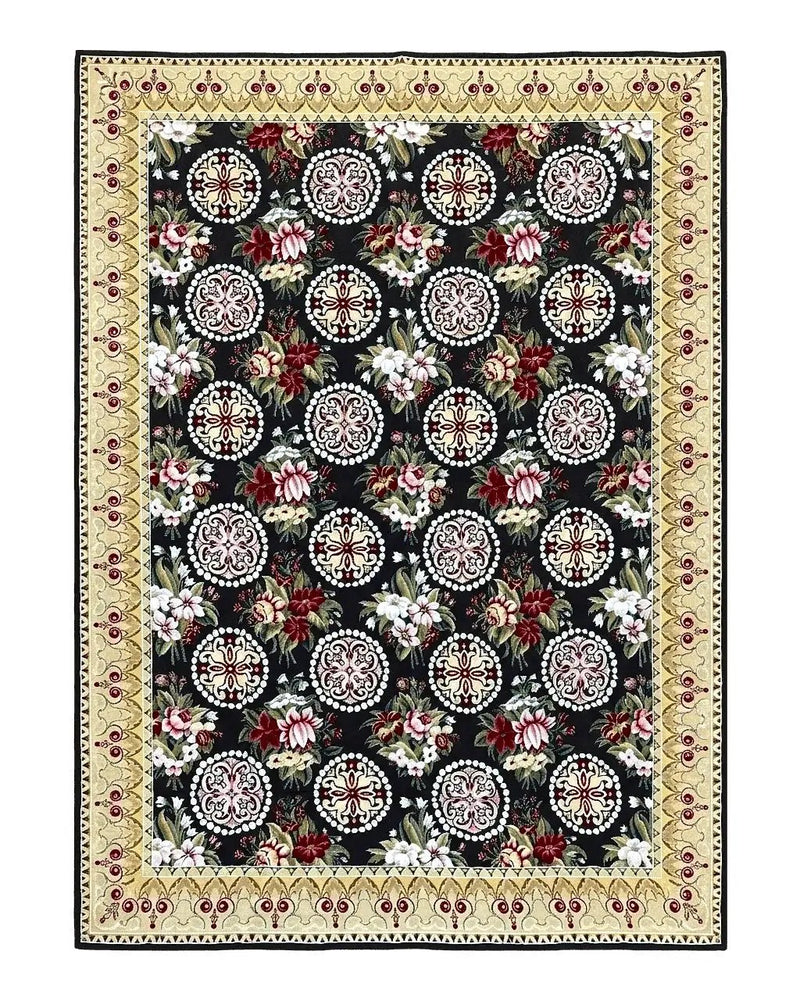 9x12 Black Needlepoint Rug, European Floral Panel Design, Handwoven, Vintage Chinese Needlepoint, Black Green Beige, Wool Rug 9 x 12 by Jewel Rugs
