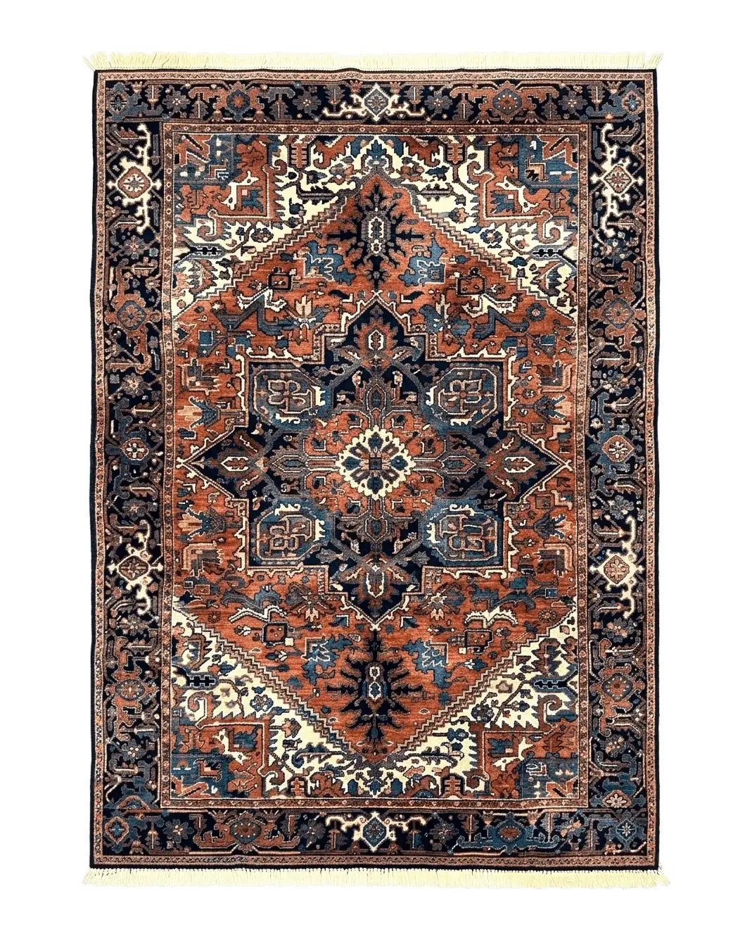 Heriz Rug 5.6 x 8, Geometric Medallion, Wool Oriental Carpet, Tribal Boho Rug, Red Navy Blue Cream, Belgium Power Loomed Rug, Medium Sized by Jewel Rugs