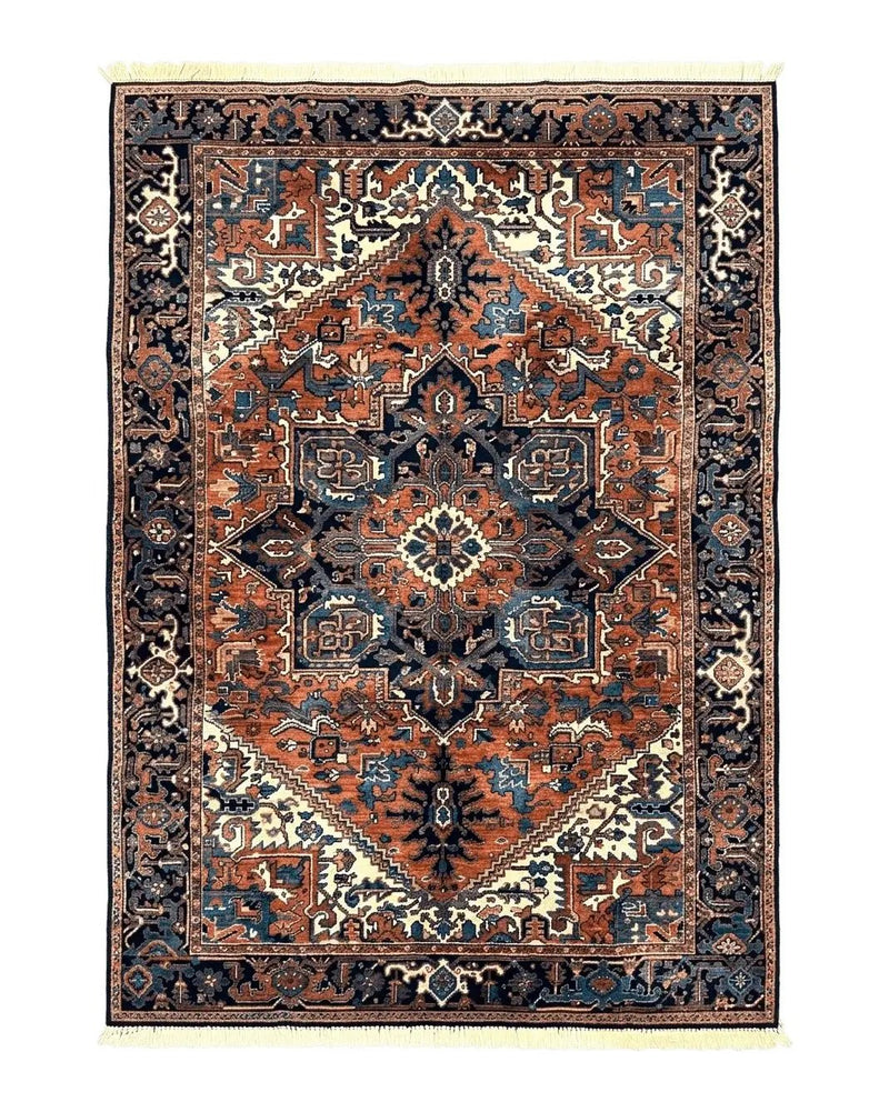 Heriz Rug 5.6 x 8, Geometric Medallion, Wool Oriental Carpet, Tribal Boho Rug, Red Navy Blue Cream, Belgium Power Loomed Rug, Medium Sized by Jewel Rugs