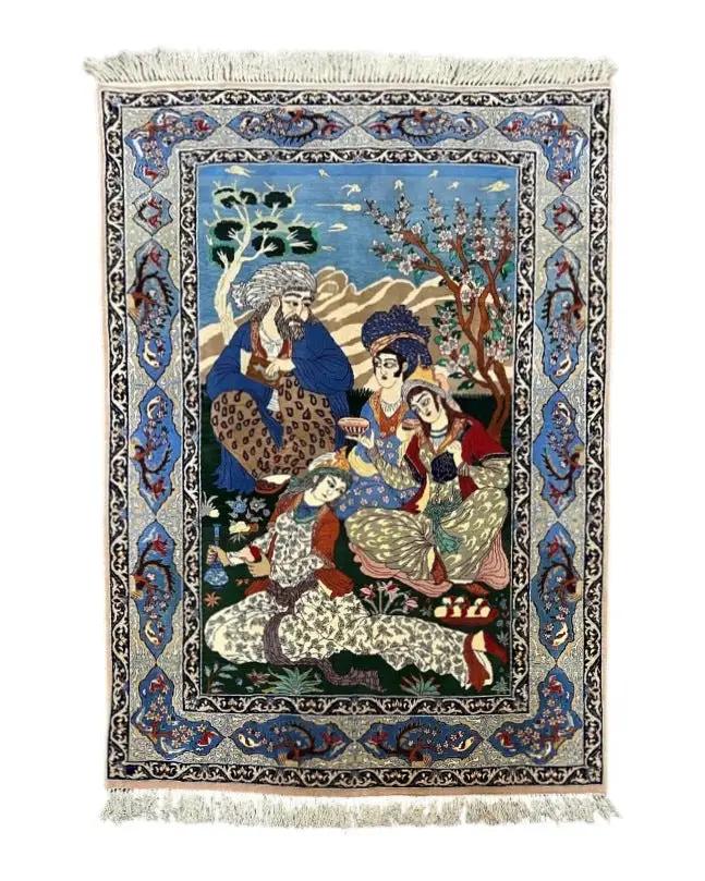 Fine Persian Isfahan Pictorial Rug 3.7 x 5, Kork Wool on Silk Foundation, Blue Persian Carpet, Hand Knotted, Humans Birds, High KPSI, Semi Antique by Jewel Rugs