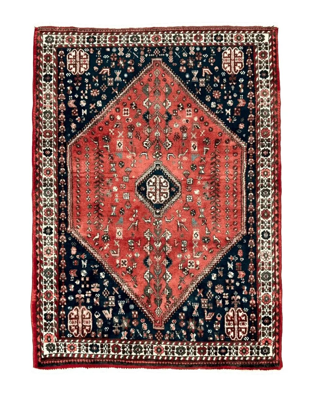 Persian Tribal Rug 3.6 x 5 ft, Persian Abadeh Rug, Geometric Medallion Bird Motifs, Red and Navy Blue Hand Knotted Handmade Wool Vintage Oriental Carpet by Jewel Rugs