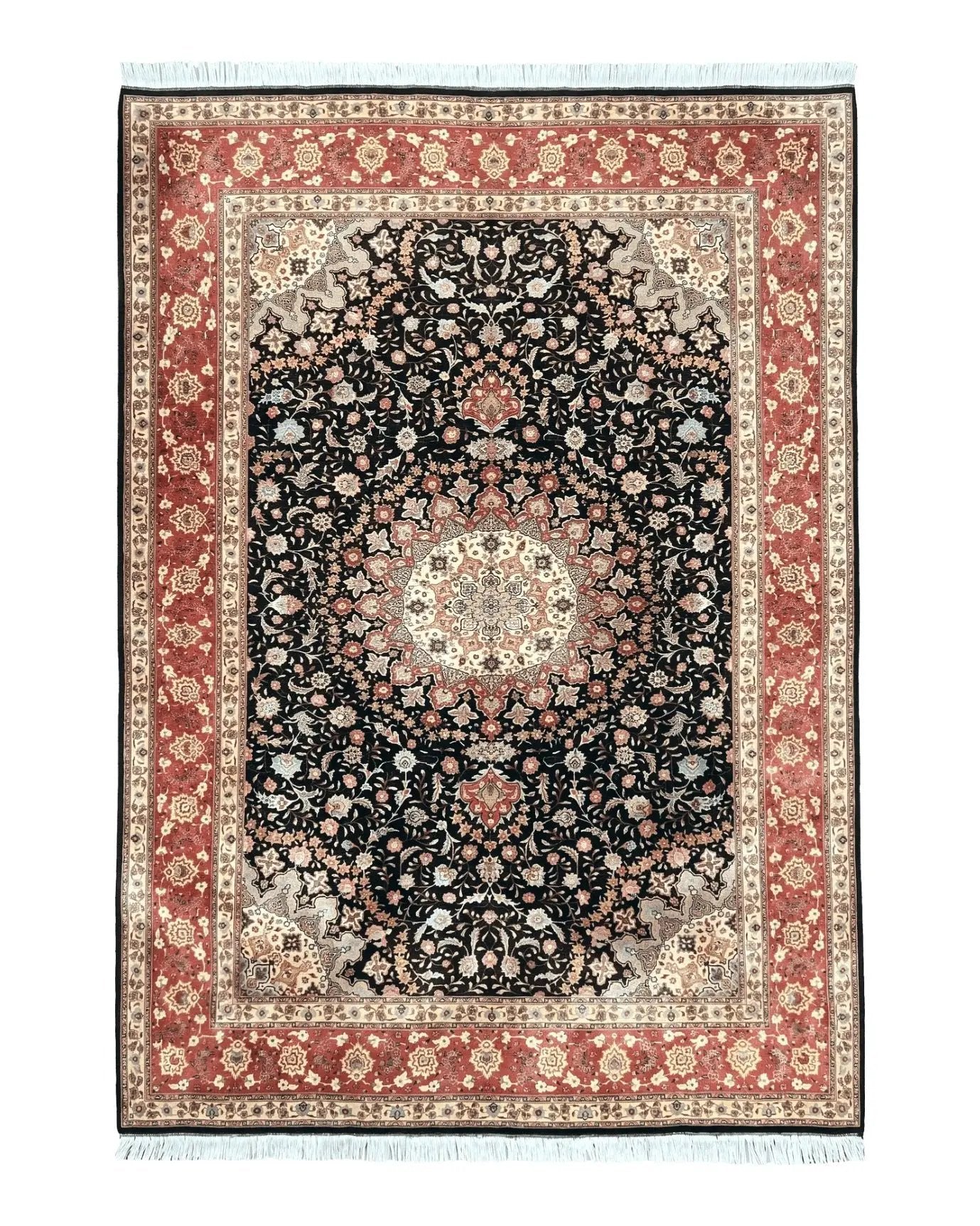 Marvelous Persian Tabriz Rug 7x10 ft, Super Fine 50 Raj, 300+ KPSI, Black and Rust Red, Floral Medallion Handmade Wool Oriental Carpet, Top Quality by Jewel Rugs