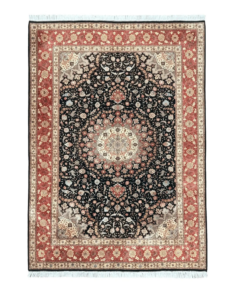 Marvelous Persian Tabriz Rug 7x10 ft, Super Fine 50 Raj, 300+ KPSI, Black and Rust Red, Floral Medallion Handmade Wool Oriental Carpet, Top Quality by Jewel Rugs