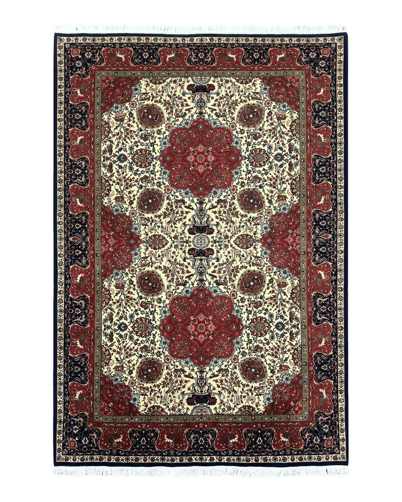Wonderful Sino Persian Rug 6x10 with Animal Pictorial Motifs, Cream Dark Red Navy Blue, Birds Gazelles, Two Medallions, Top Quality Handmade by Jewel Rugs