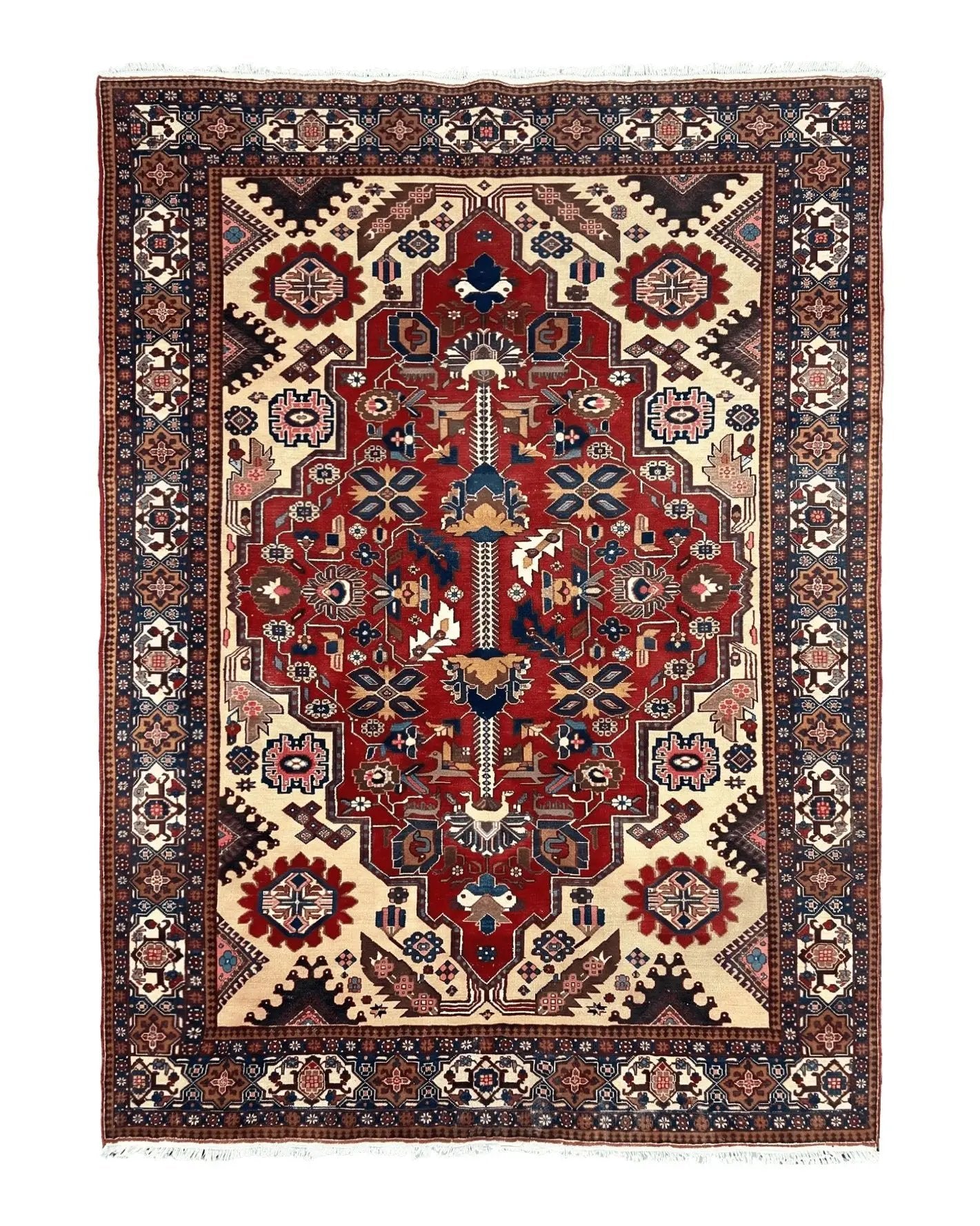 Antique Persian Heriz Rug 8x12 ft, Geometric Tribal Room Sized Carpet, Camel Hair Red Navy Blue, Wool Hand Knotted Medallion Oriental Carpet by Jewel Rugs