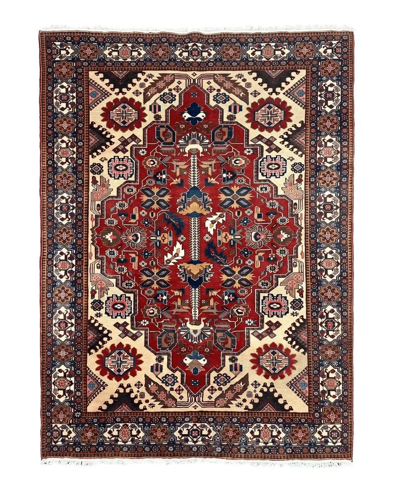 Antique Persian Heriz Rug 8x12 ft, Geometric Tribal Room Sized Carpet, Camel Hair Red Navy Blue, Wool Hand Knotted Medallion Oriental Carpet by Jewel Rugs