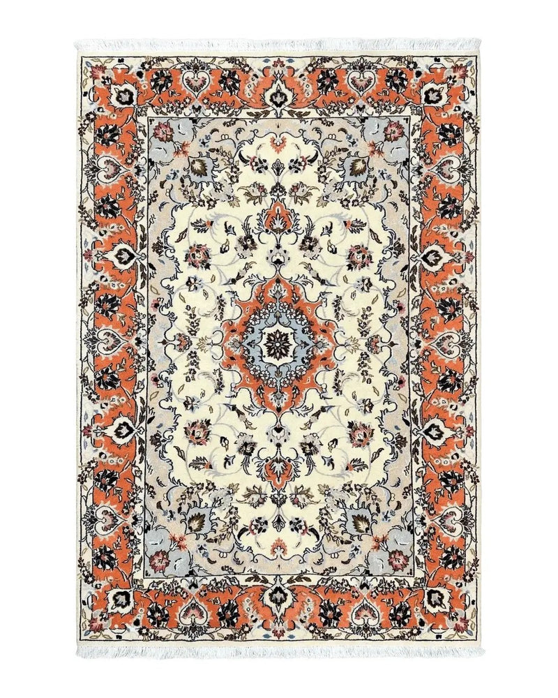 Persian Tabriz Rug 4.5 x 6.8, Finely Hand Knotted Wool with Silk Highlights Vintage Oriental Carpet, Cream and Salmon, High KPSI, Floral Medallion by Jewel Rugs
