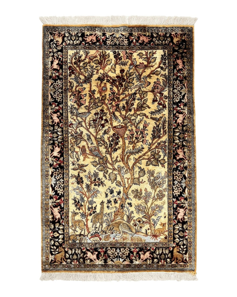 Silk Tree of Life Persian Qum Rug 3x4, Hand Knotted Vintage Carpet, Cream & Black, Very Fine Oriental Rug, Animal Pictorials, Birds by Jewel Rugs