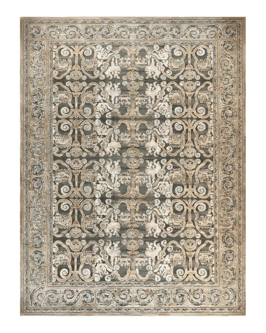 Spanish Rug 11x14, Wool Hand Knotted Vintage Carpet, Olive Green and Beige, Floral Allover, European Design, 11 x 14 Rug by Jewel Rugs