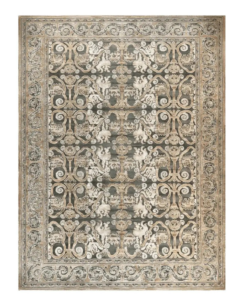 Spanish Rug 11x14, Wool Hand Knotted Vintage Carpet, Olive Green and Beige, Floral Allover, European Design, 11 x 14 Rug by Jewel Rugs