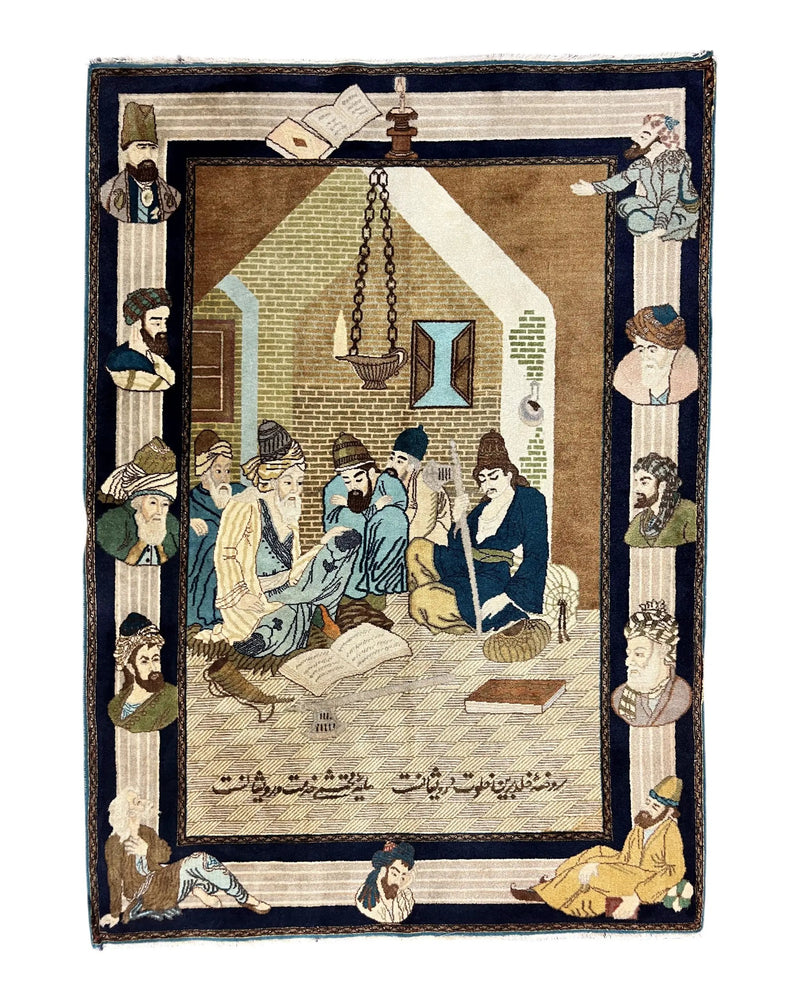 Persian Tabriz Pictorial Rug 3x5, Wall Hanging Carpet, Very Fine 60 Raj 475 KPSI, Hand Knotted Vintage Semi Antique, Wool, Persian Poetry by Jewel Rugs