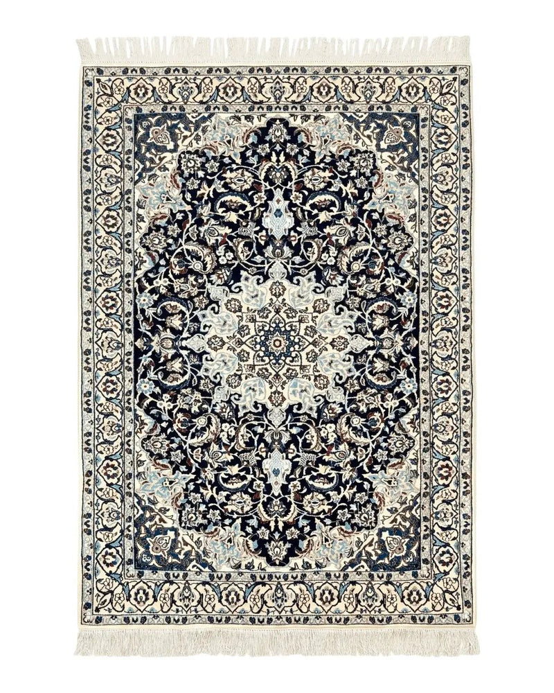 Persian Nain Rug 4x6, Floral, Hand Knotted Vintage Wool & Silk Highlights, Signature from Masterweaver, Navy Blue and Ivory by Jewel Rugs