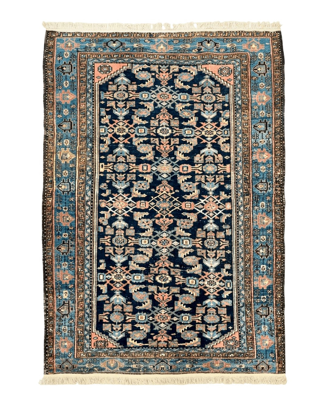 Antique Persian Tribal Rug 5x7, Navy Blue & Pink, Hand Knotted Handmade 1920s Wool Rug, Allover Pattern, Persian Hamadan Rug by Jewel Rugs