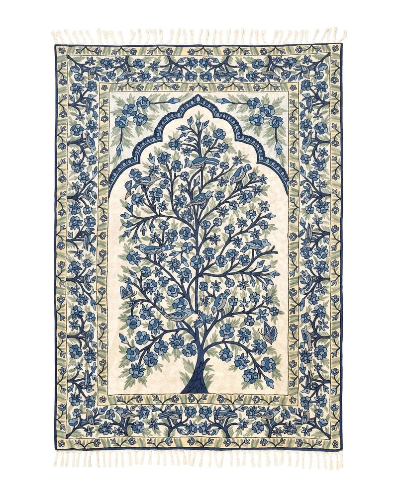 Tree of Life Indian Hand Stitched Rug 4x6, Indian Wall Hanging Rug, Ivory Blue, Silk on Cotton, Vintage by Jewel Rugs