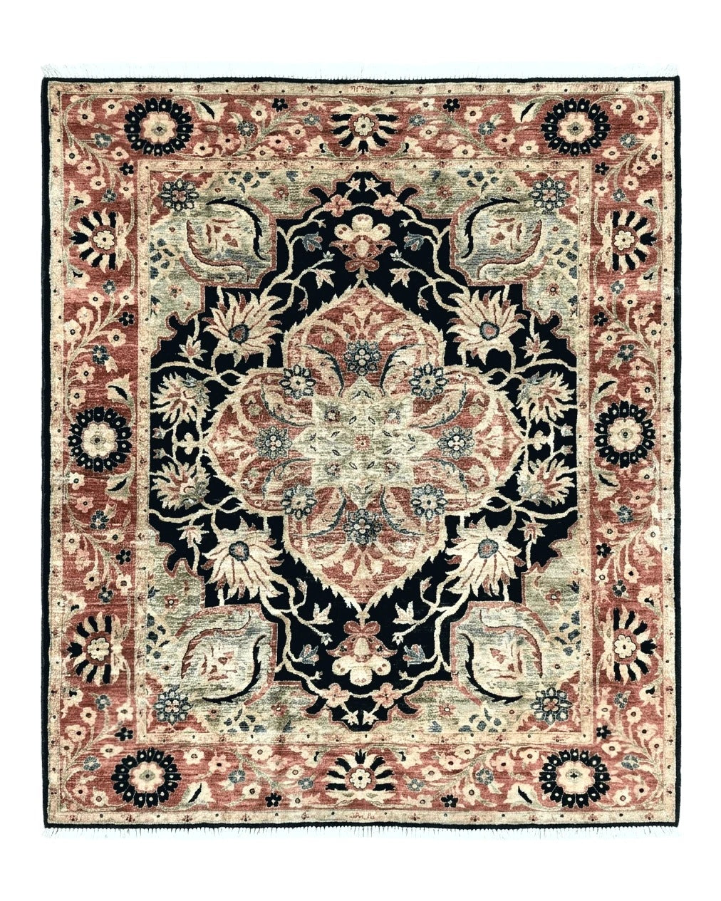 Pak Persian Rug 8x10, Pakistani Mahal Sultanabad Carpet, Signature from Master Weaver, Shiny Wool, Black Red Vintage Handmade Medallion Rug by Jewel Rugs