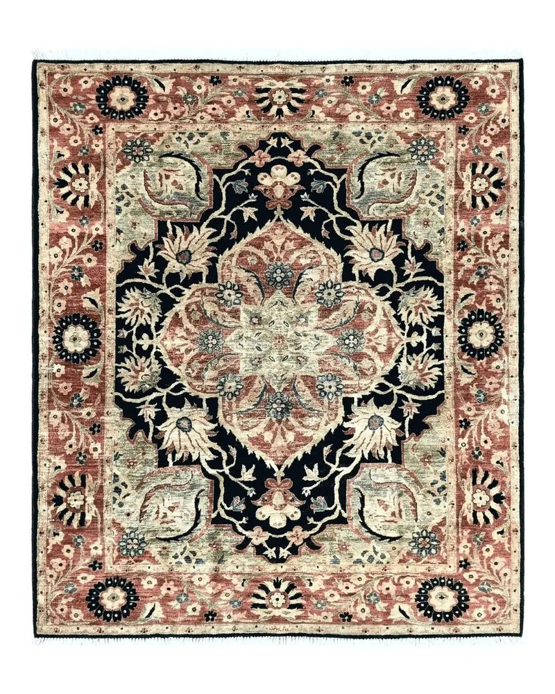 Pak Persian Rug 8x10, Pakistani Mahal Sultanabad Carpet, Signature from Master Weaver, Shiny Wool, Black Red Vintage Handmade Medallion Rug by Jewel Rugs
