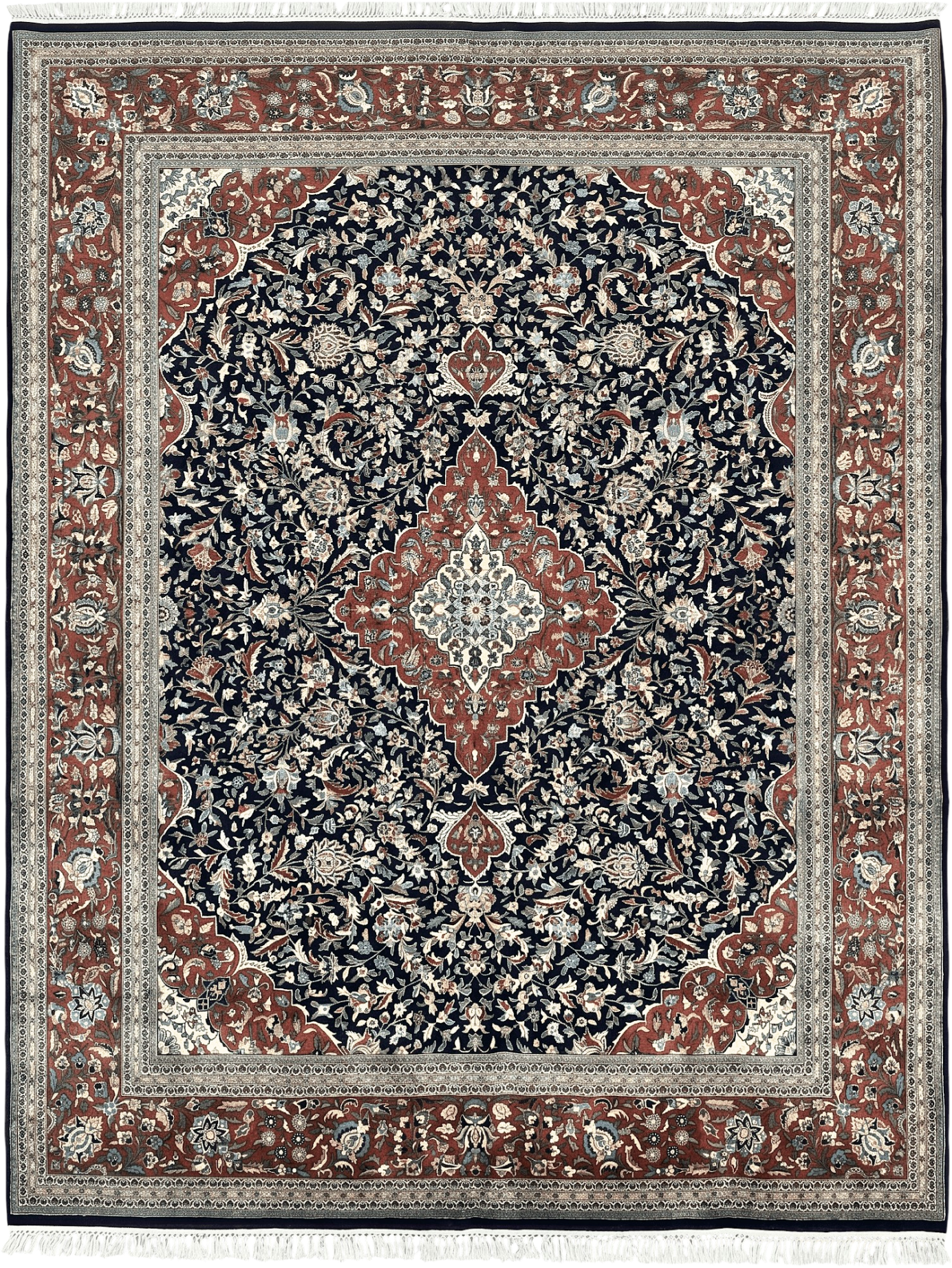 Indo Persian Rug 8x10, Floral Medallion, Vintage Handmade Wool Carpet, Navy Blue and Red, Fine 300 KPSI by Jewel Rugs