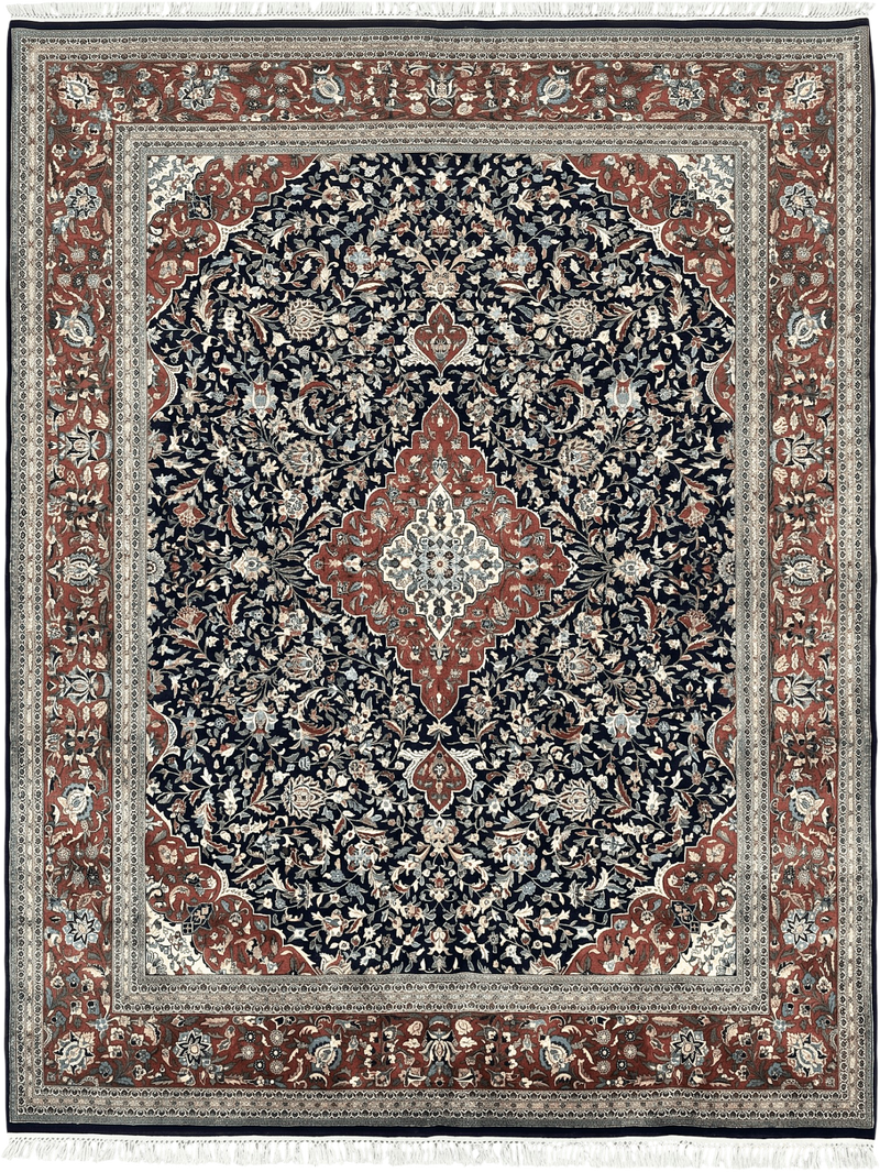 Indo Persian Rug 8x10, Floral Medallion, Vintage Handmade Wool Carpet, Navy Blue and Red, Fine 300 KPSI by Jewel Rugs