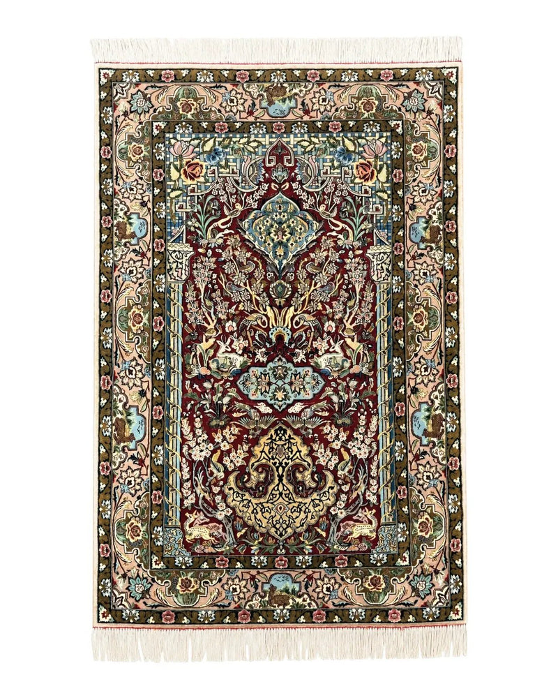 Marvelous Persian Isfahan Rug 3.7 x 5.6, Tree of Life and Animal Pictorials, Handmade Vintage Super Fine 600 KPSI, Kork Wool Silk Highlights, Rare by Jewel Rugs