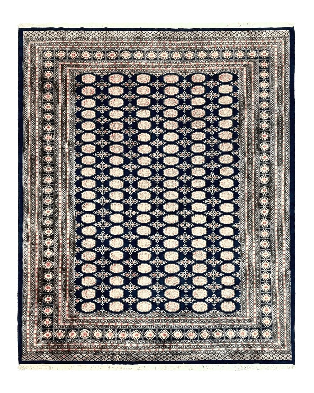 Pakistani Bokhara Rug 8x10, Turkoman Carpet, Dark Blue and Beige, Vintage Handmade Wool Carpet by Jewel Rugs
