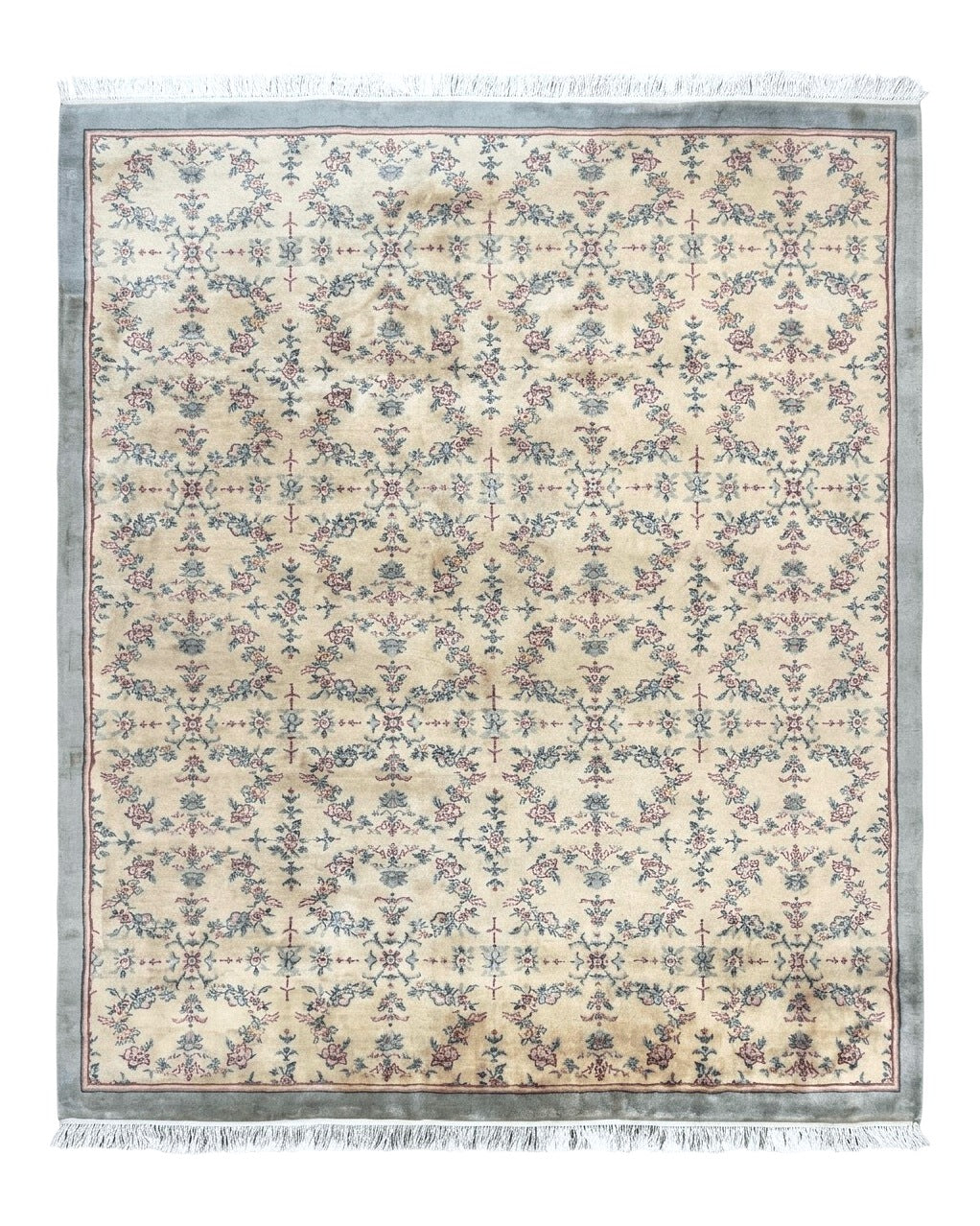 Sino Persian Rug 8x10, Floral, Oatmeal and Light Teal, Handmade Wool Vintage Carpet by Jewel Rugs