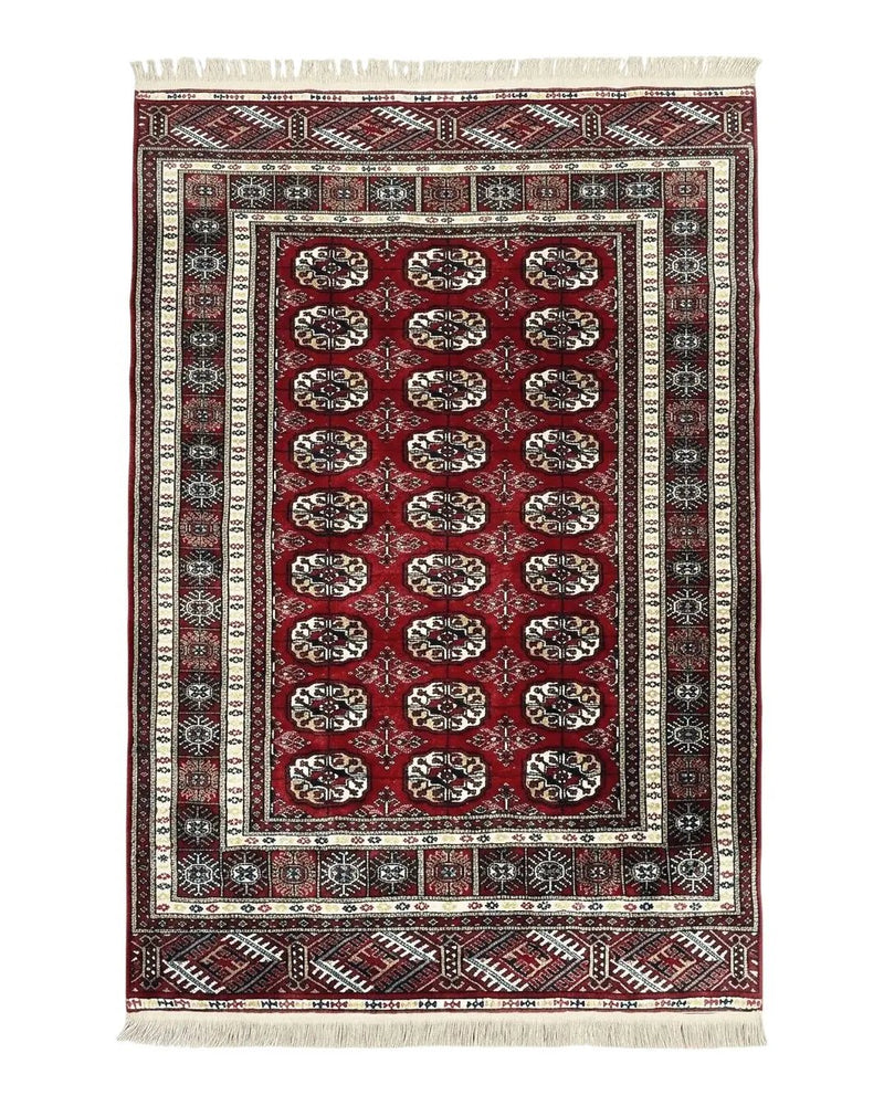 Pakistani Bokhara Rug 4x6, Red Turkoman Carpet, Finely Hand Knotted, Wool Vintage Rug by Jewel Rugs