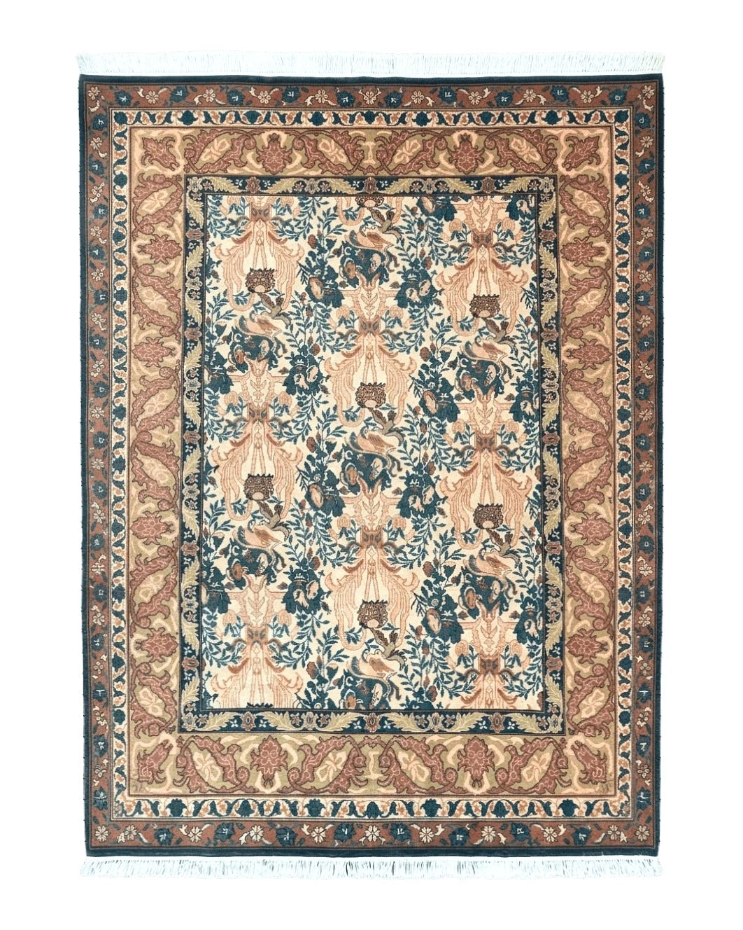 10x13 Wool Rug, Floral Pattern, Birds, Handmade Vintage Carpet, Couristan Rug, Beige by Jewel Rugs