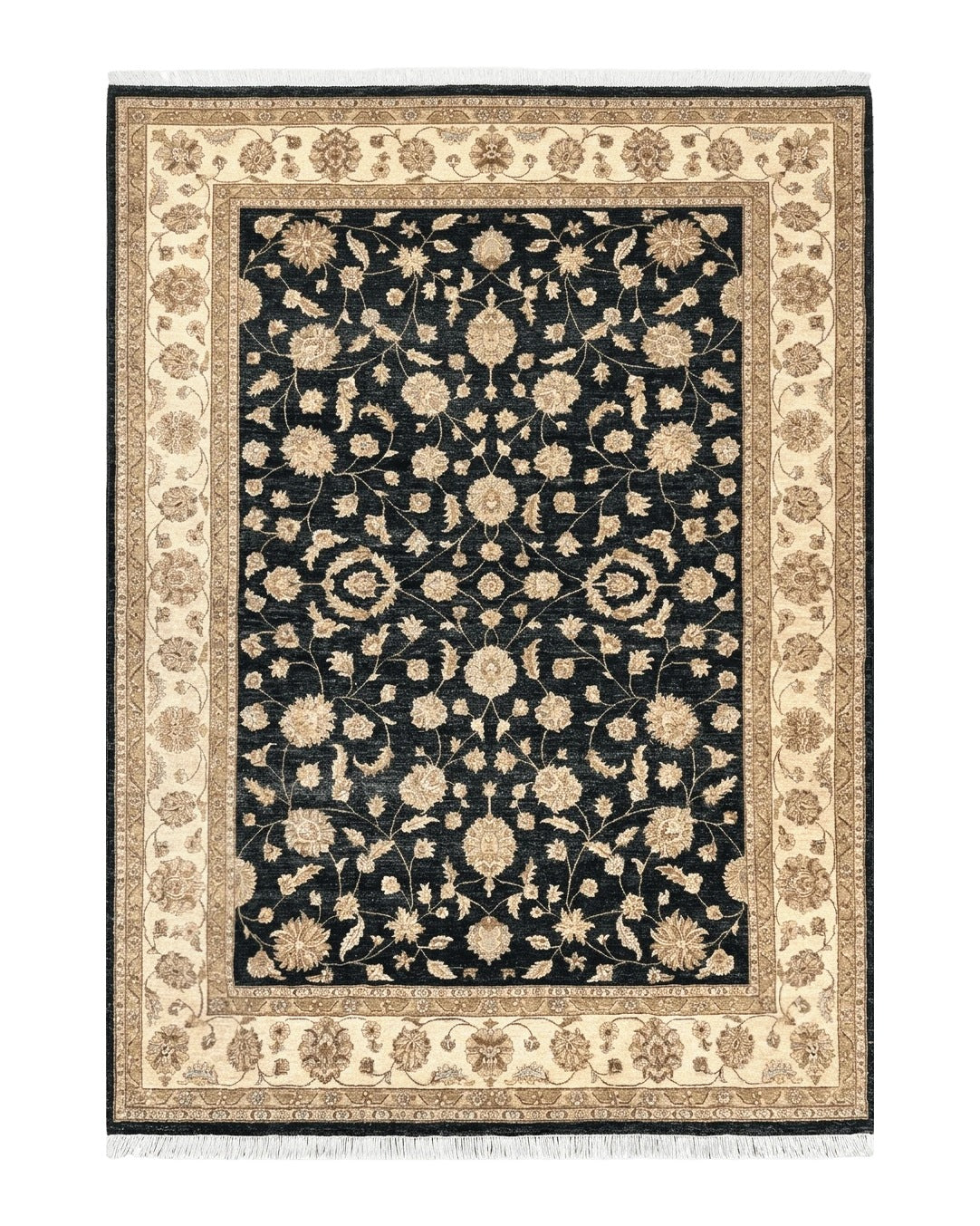 Indo Persian Rug 10x14, Charcoal and Beige, Floral Allover, Handmade Vintage Wool Carpet by Jewel Rugs