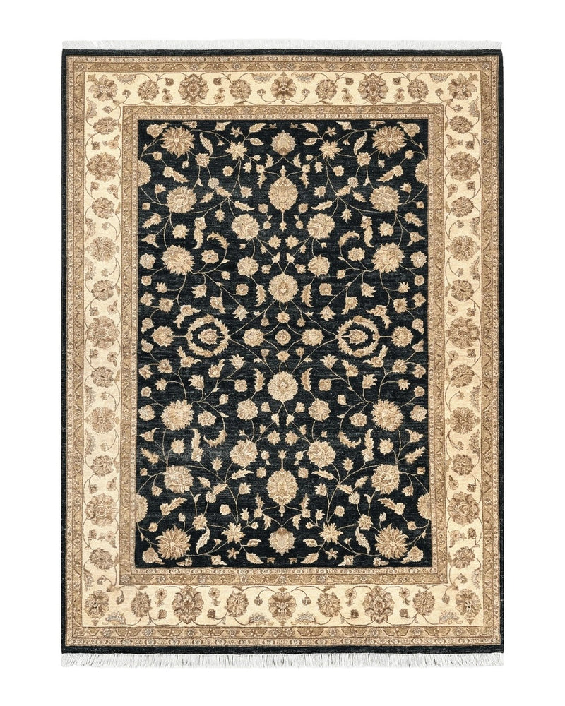 Indo Persian Rug 10x14, Charcoal and Beige, Floral Allover, Handmade Vintage Wool Carpet by Jewel Rugs