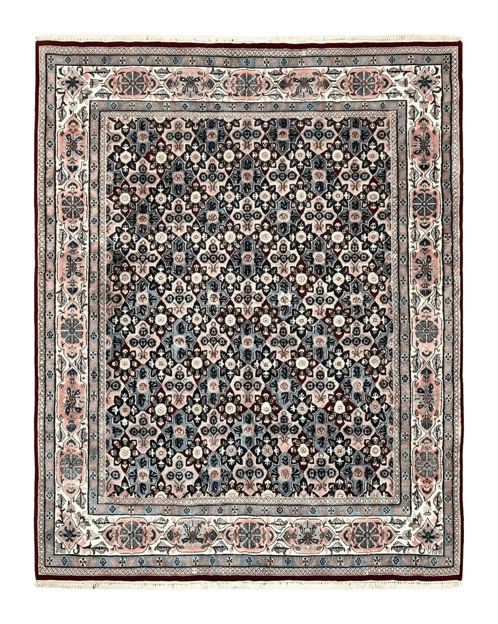 Indo Persian Rug 8x10, Repeated Allover Pattern, Navy Blue Ivory, Handmade Vintage Wool Carpet by Jewel Rugs