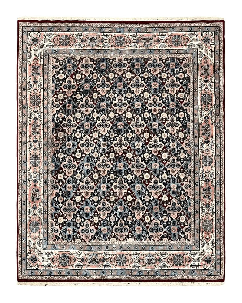 Indo Persian Rug 8x10, Repeated Allover Pattern, Navy Blue Ivory, Handmade Vintage Wool Carpet by Jewel Rugs