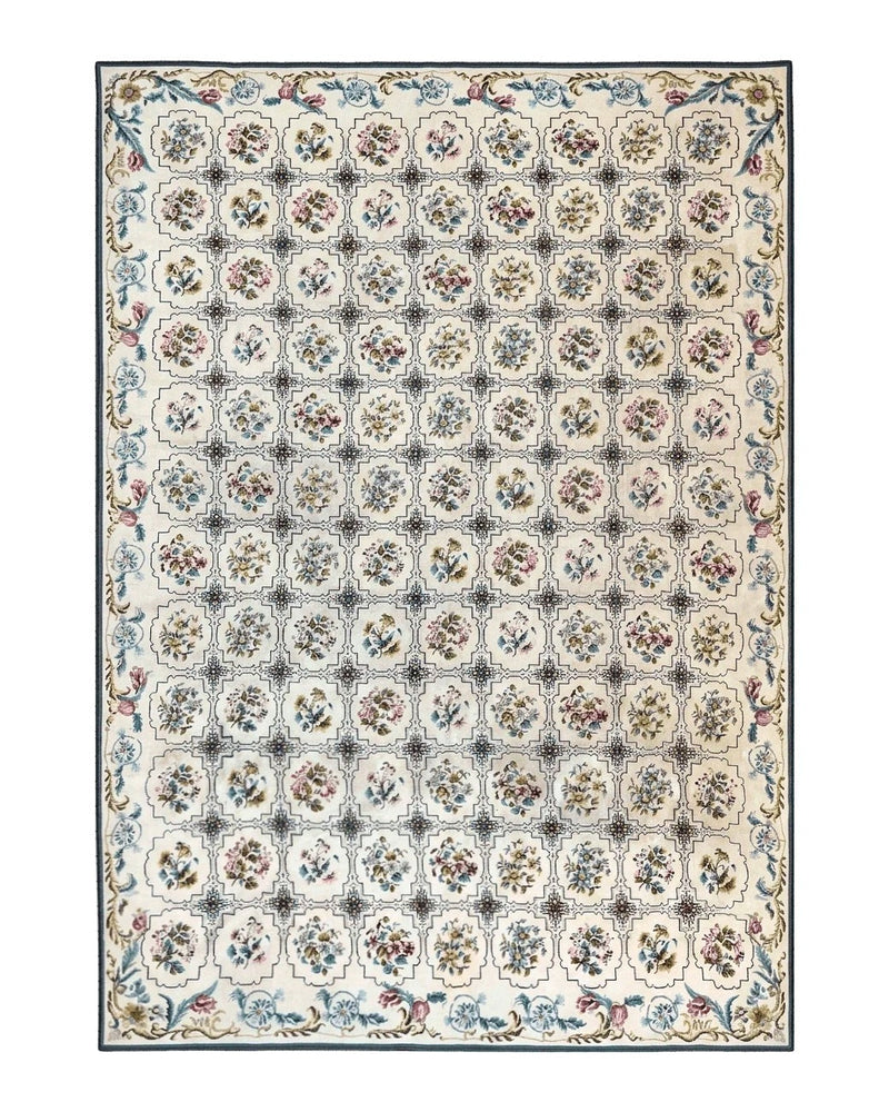 Needlepoint Rug 10x14, Wool Handmade Vintage Needlepoint Carpet, Floral Panel Design, Ivory/Cream by Jewel Rugs