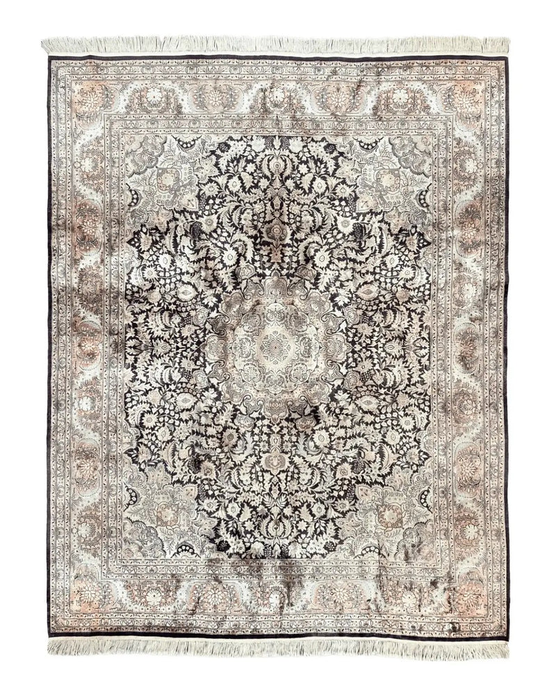 Silk Indian Kashmiri Rug 8x10, Floral Medallion, Indo Persian Carpet, Handmade Vintage Silk Rug by Jewel Rugs