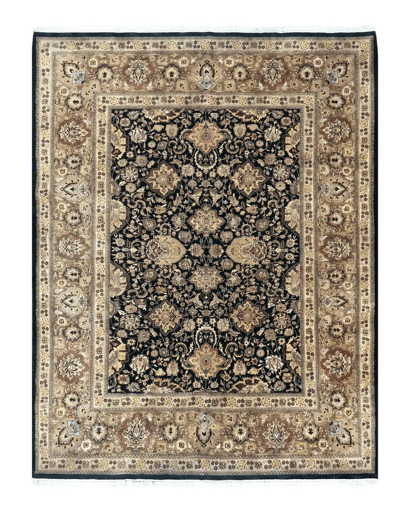 Indo Persian Rug 9x12, Floral Allover, Midnight Blue, Handmade Vintage Wool Oriental Carpet by Jewel Rugs