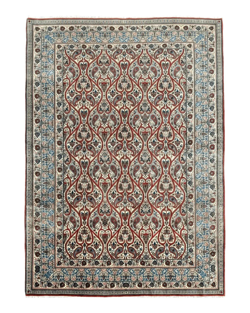 Unique Persian Qum Rug 5x7, Repeated Paisely Boteh Design, Ivory Red Blue, Handmade Antique Wool Persian Carpet, Finely Hand Knotted by Jewel Rugs
