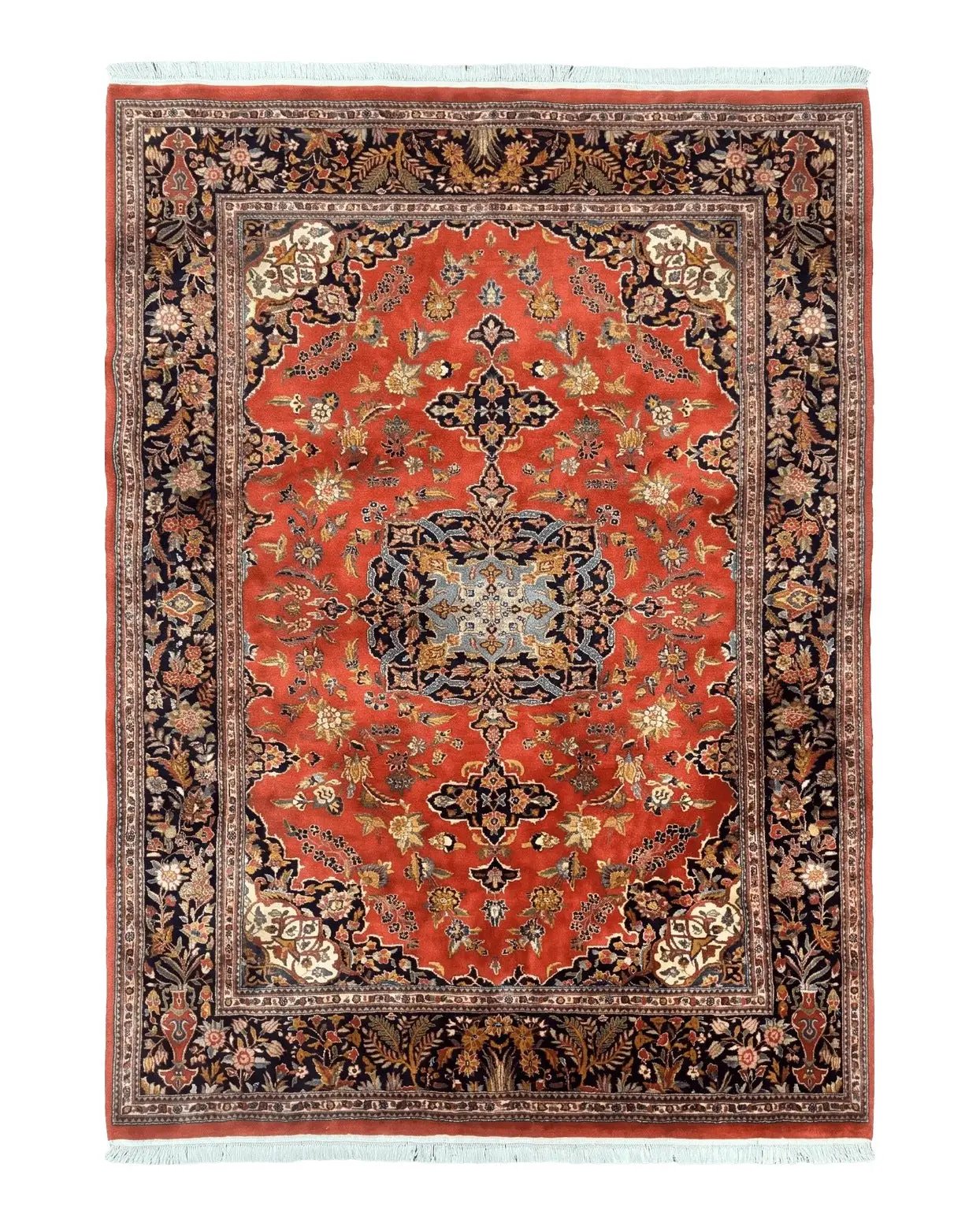 Indo Persian Rug 7x10, Vintage Handmade Wool Carpet, Floral Medallion Traditional Rug, Red and Midnight Blue by Jewel Rugs