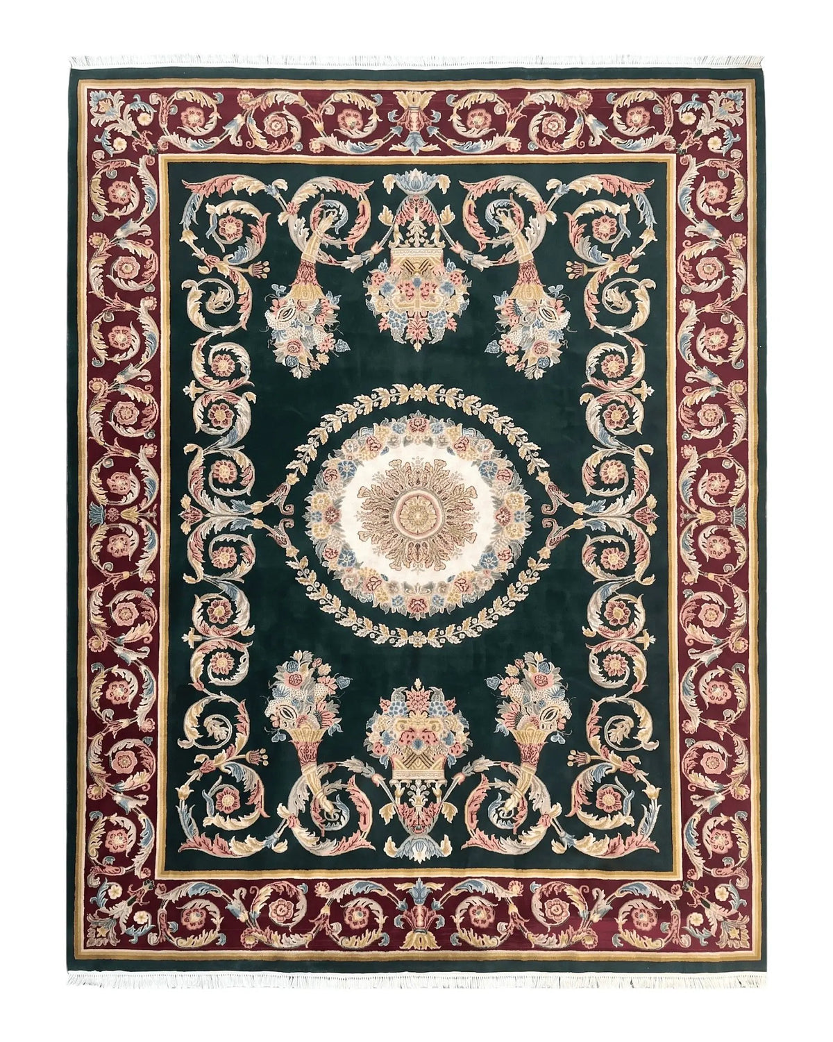 Aubusson Rug 9x12, Dark Green, European Design, Vintage Fine Handmade Carpet, Elegant by Jewel Rugs