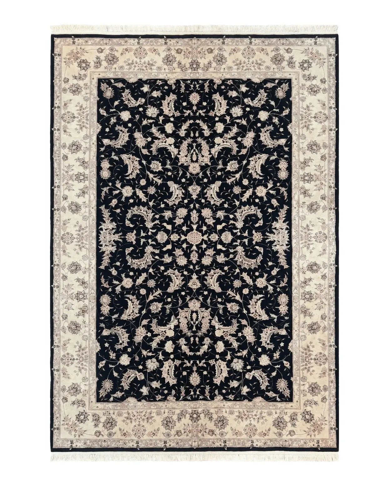 Sino Persian Rug 6x9, Black and Ivory, Wool and Silk Highlights, Handmade by Jewel Rugs
