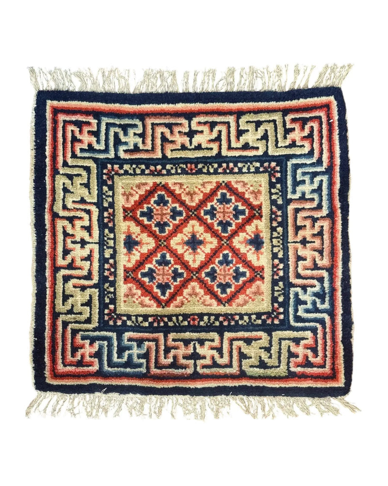 Small Antique Chinese Rug 2x2, Red Blue Square Rug Mat, Handmade, Tibetan Rug by Jewel Rugs