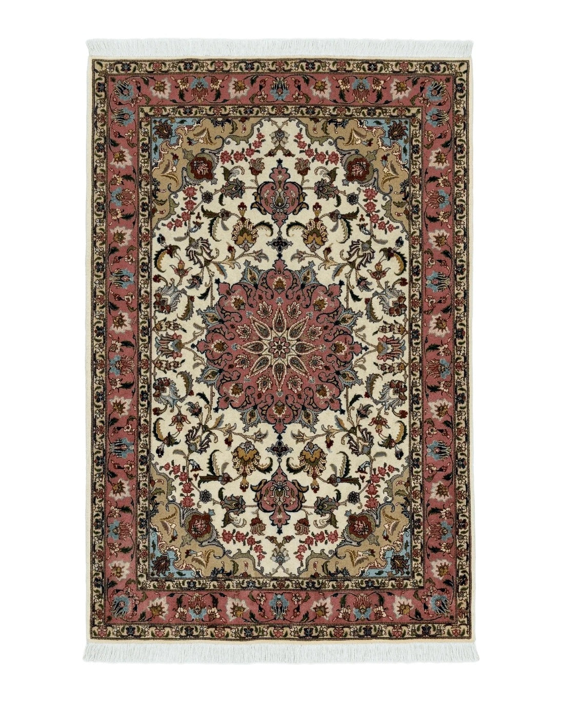 Fine Persian Tabriz Rug 3x5, Floral Medallion, 340 KPSI, Ivory Salmon by Jewel Rugs