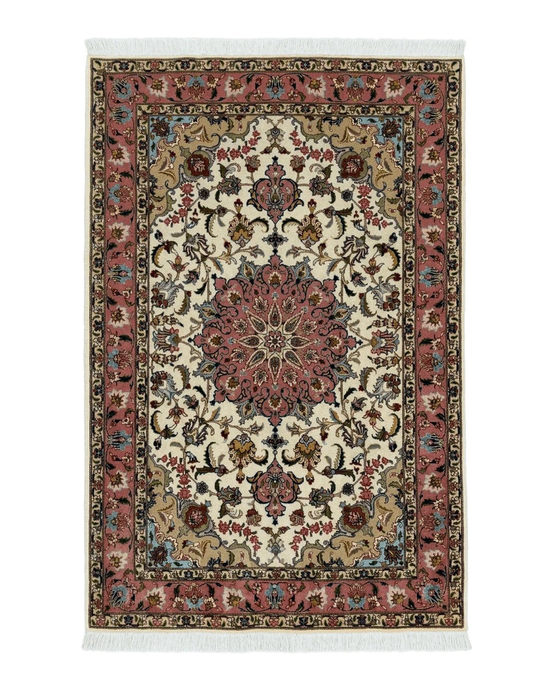 Fine Persian Tabriz Rug 3x5, Floral Medallion, 340 KPSI, Ivory Salmon by Jewel Rugs