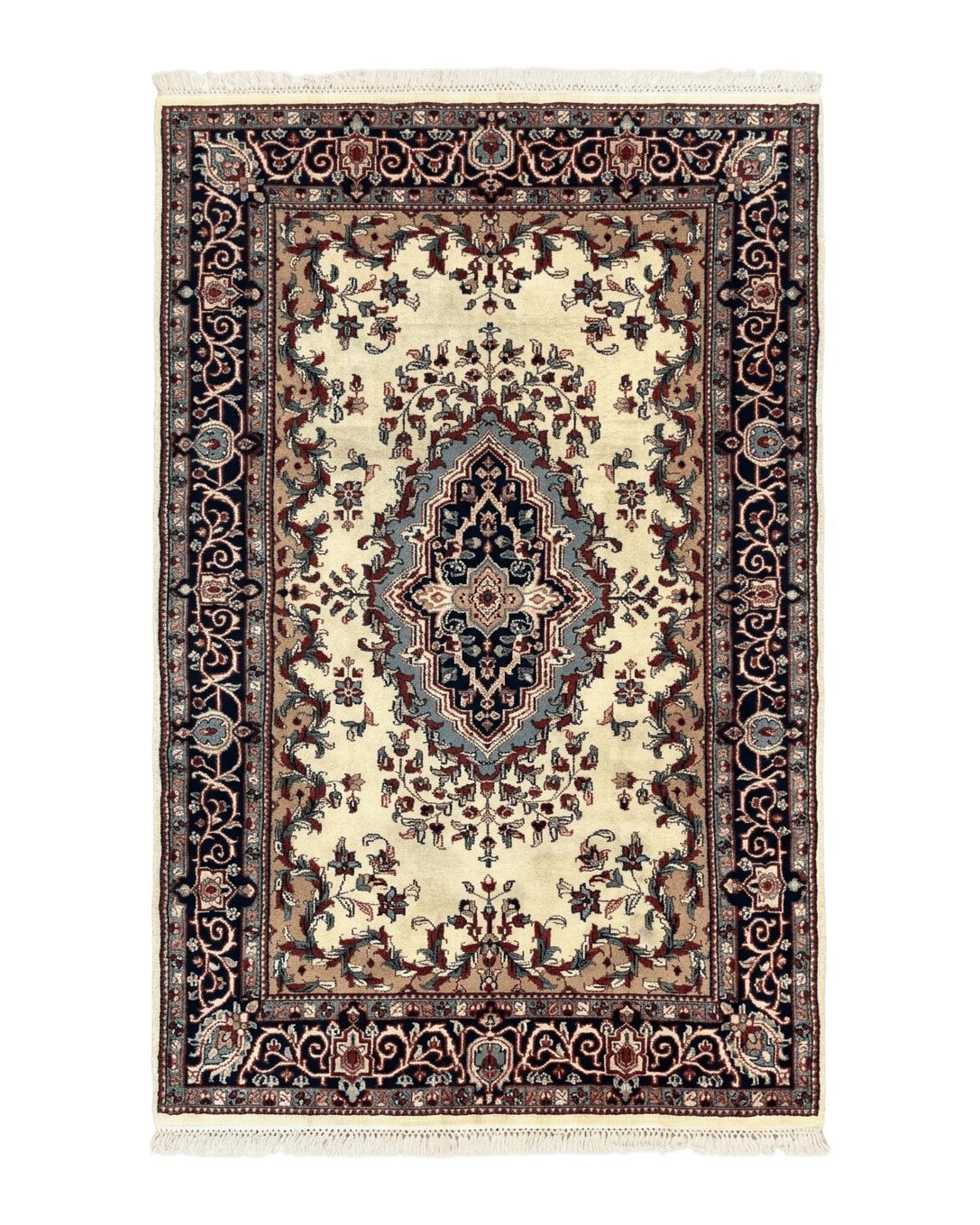 Indian Kashmiri Rug 4x6, Ivory Beige Navy Blue, Traditional Indo Persian Rug by Jewel Rugs