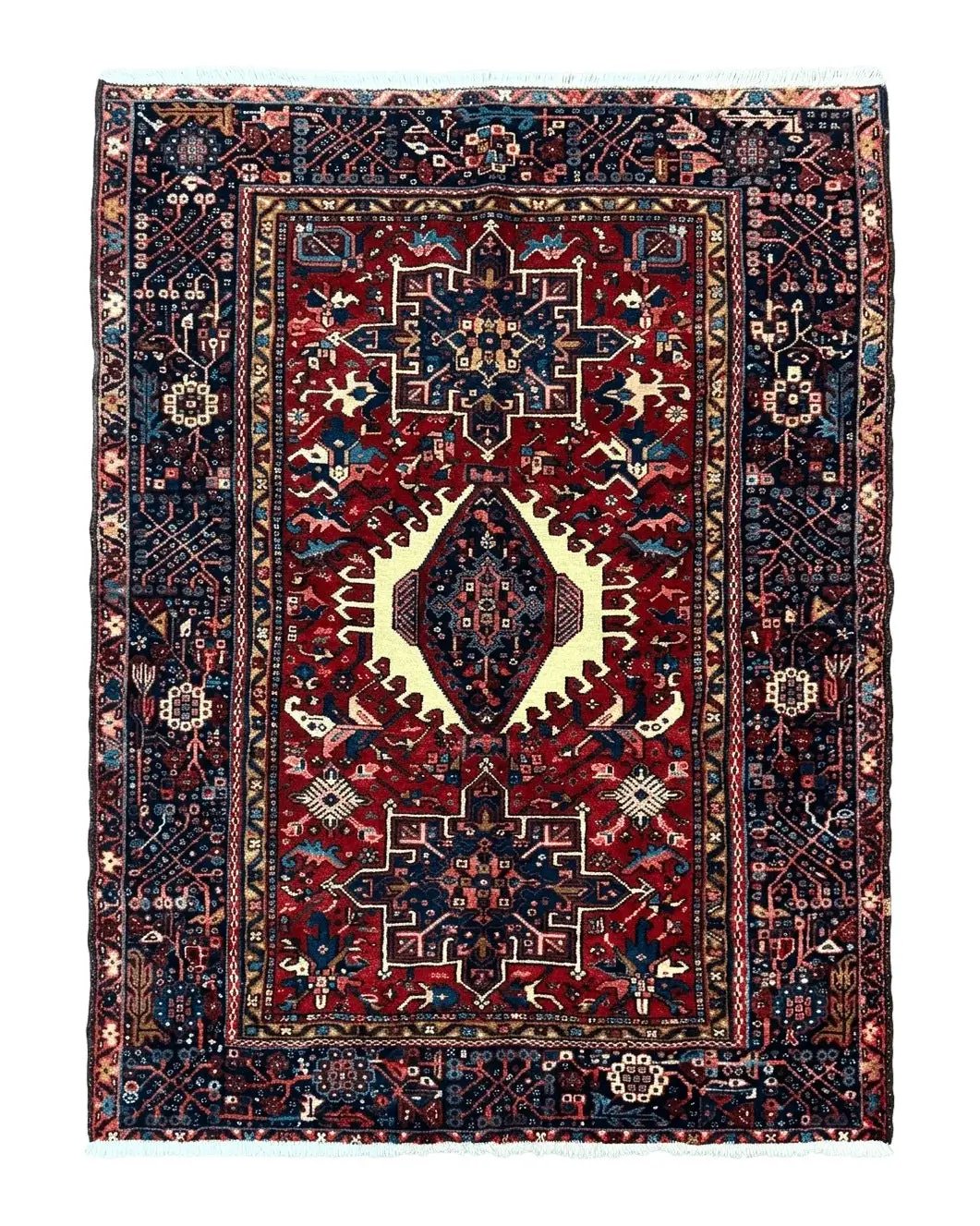 Persian Karajeh Rug 5x6, Antique Heriz Carpet, Geometric, Persian Tribal Rug, Brick Red Navy Blue by Jewel Rugs