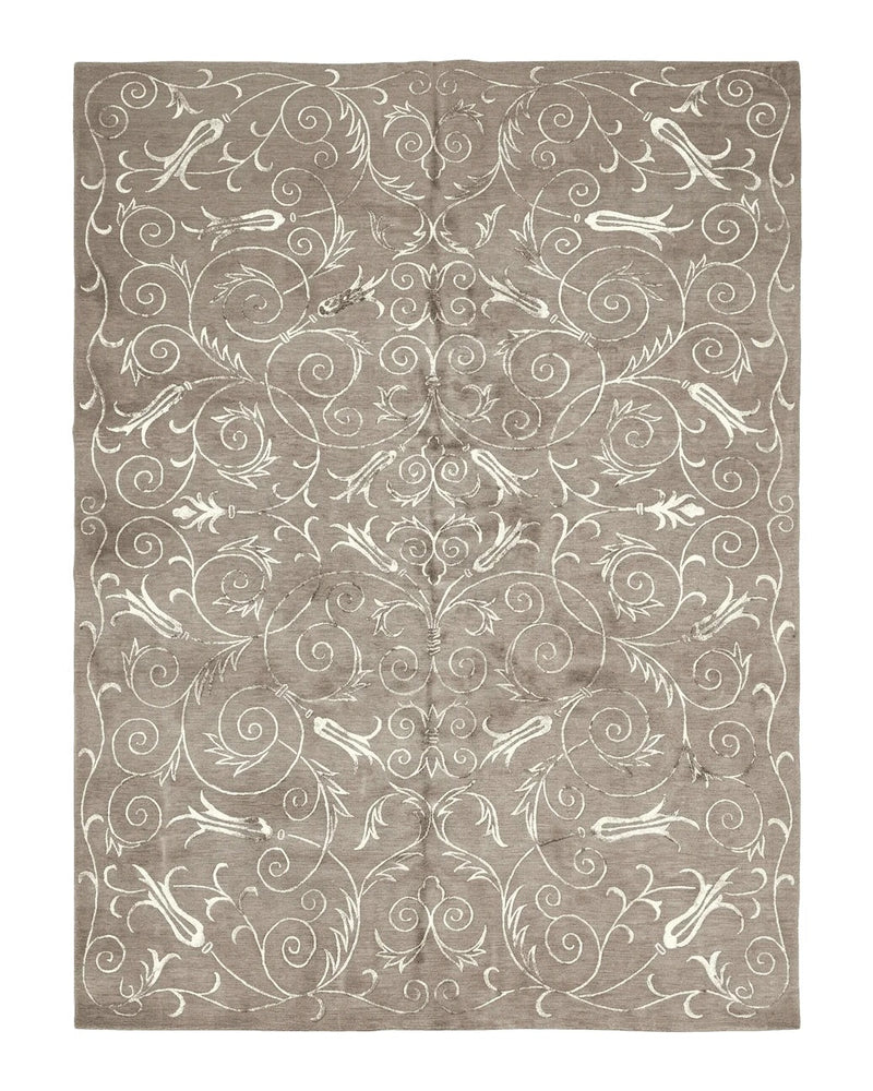 Tibetan Rug 9x12 Wool and Silk Beige Modern Handmade Carpet by Jewel Rugs