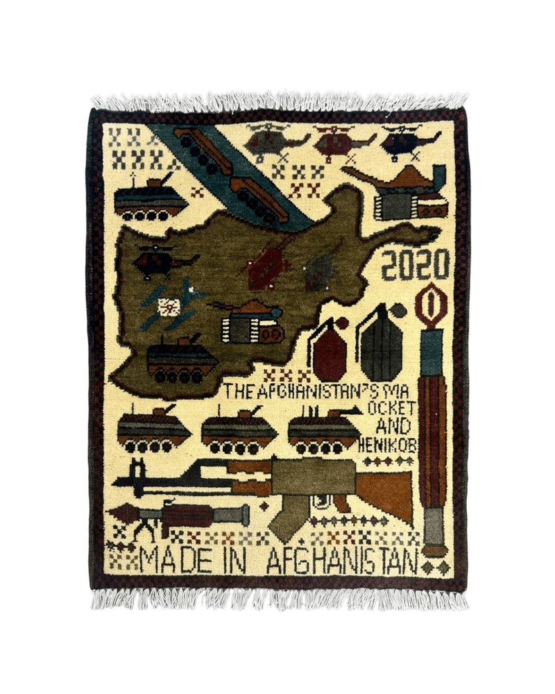 Afghan War Rug, Helicopters Tanks Guns, Handmade, Wool, 2x3 by Jewel Rugs
