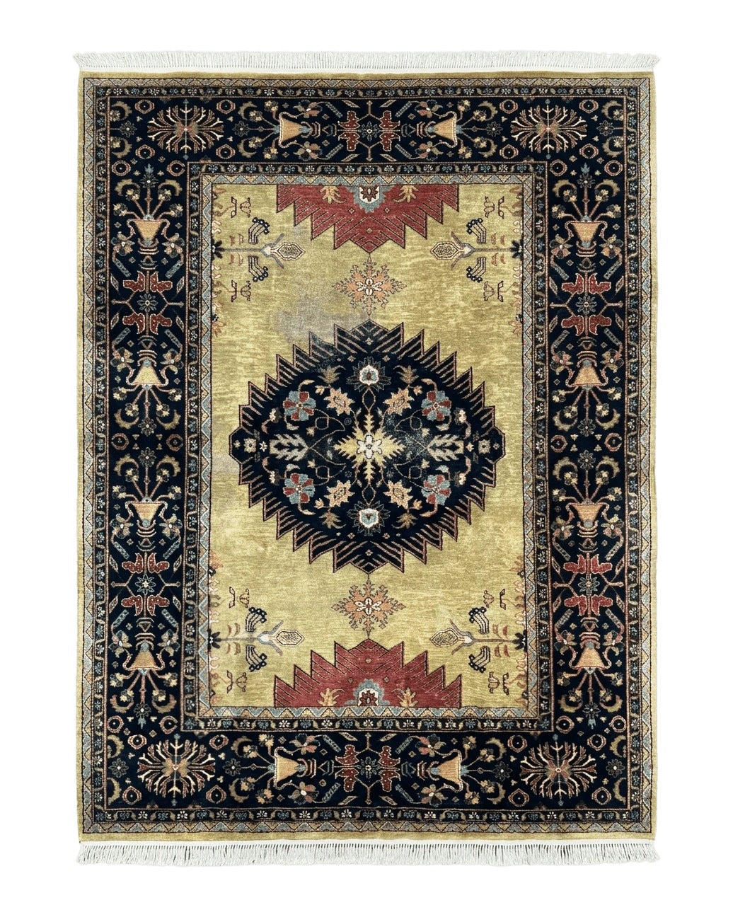 Indo Persian Heriz Rug 8x12, Camel Hair Tan and Navy Blue, Decorative by Jewel Rugs