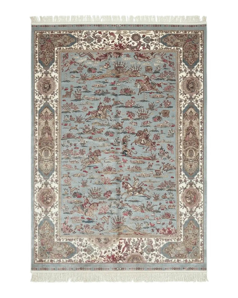 Turkish Silk Rug 5x7, Hunting Design, Animal Pictorials, Bamboo Silk by Jewel Rugs