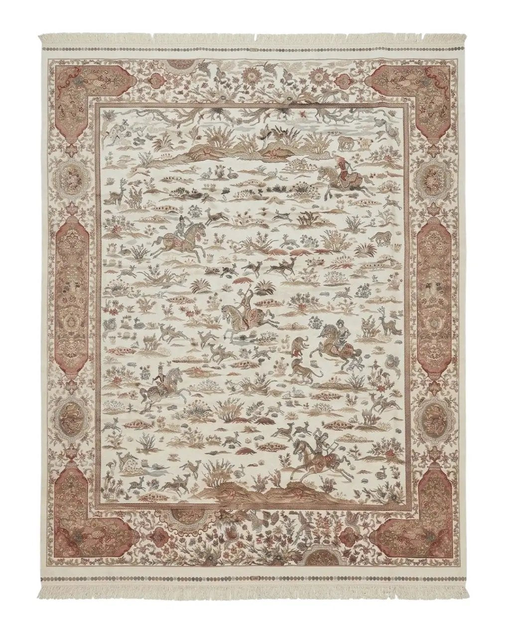 Large Turkish Silk Rug 8x10, Ivory, Hunting Design, Bamboo Silk, New by Jewel Rugs