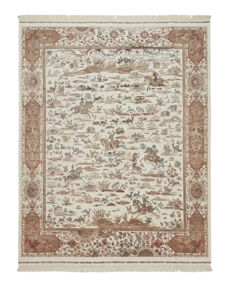 Large Turkish Silk Rug 8x10, Ivory, Hunting Design, Bamboo Silk, New by Jewel Rugs